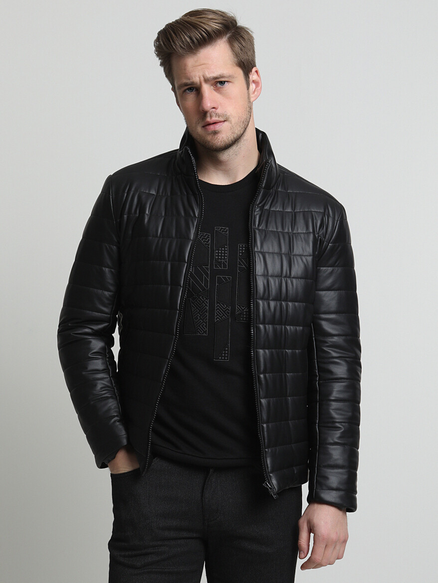 Siyah Regular Fit Dik Yaka Casual Dokuma Mont - 1