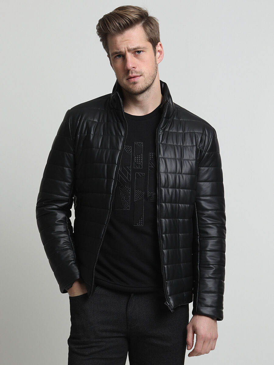 Siyah Regular Fit Dik Yaka Casual Dokuma Mont - 1