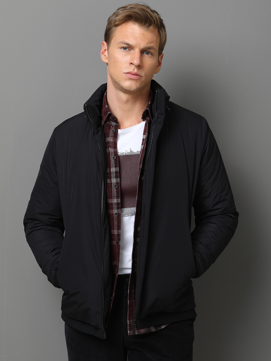 Siyah Regular Fit Dik Yaka Casual Dokuma Mont - 4