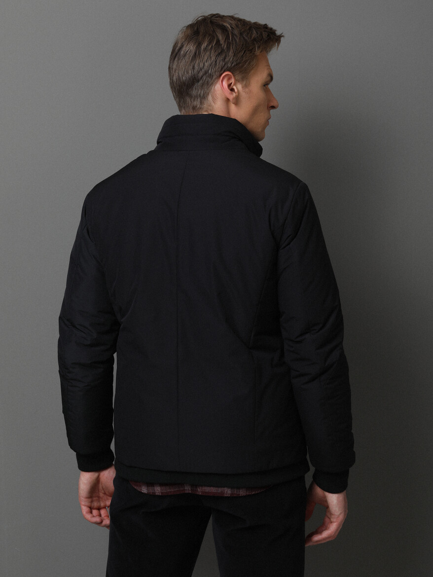 Siyah Regular Fit Dik Yaka Casual Dokuma Mont - 5