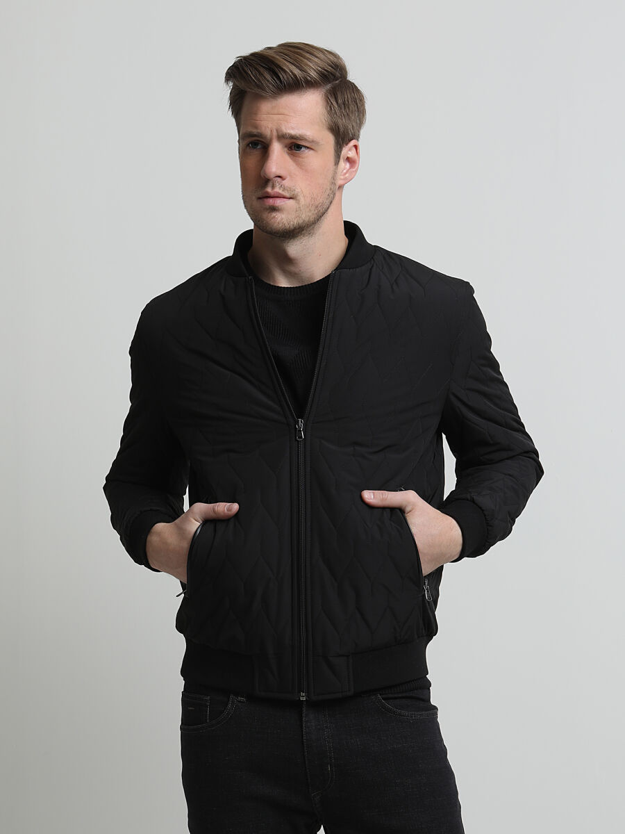 Siyah Regular Fit Dik Yaka Casual Dokuma Mont - 1