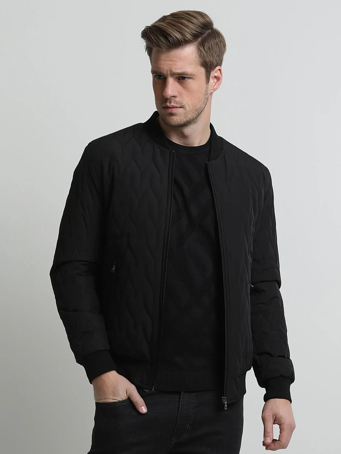 Siyah Regular Fit Dik Yaka Casual Dokuma Mont - 3