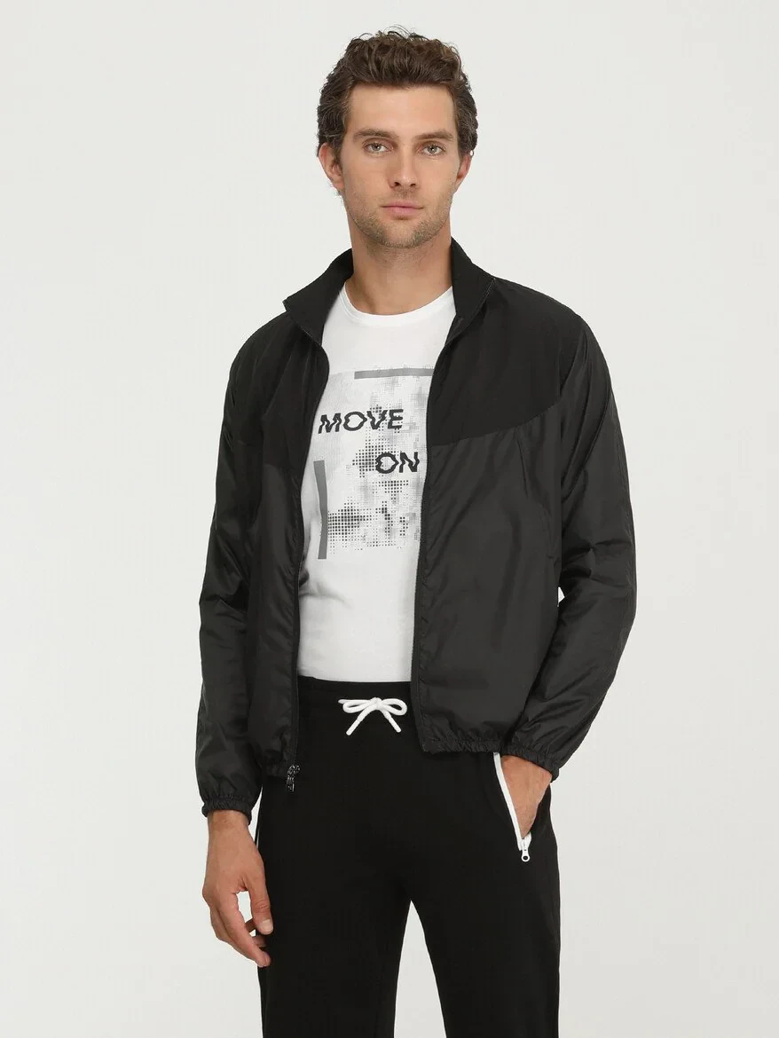 Siyah Regular Fit Dik Yaka Casual Dokuma Mont - 1