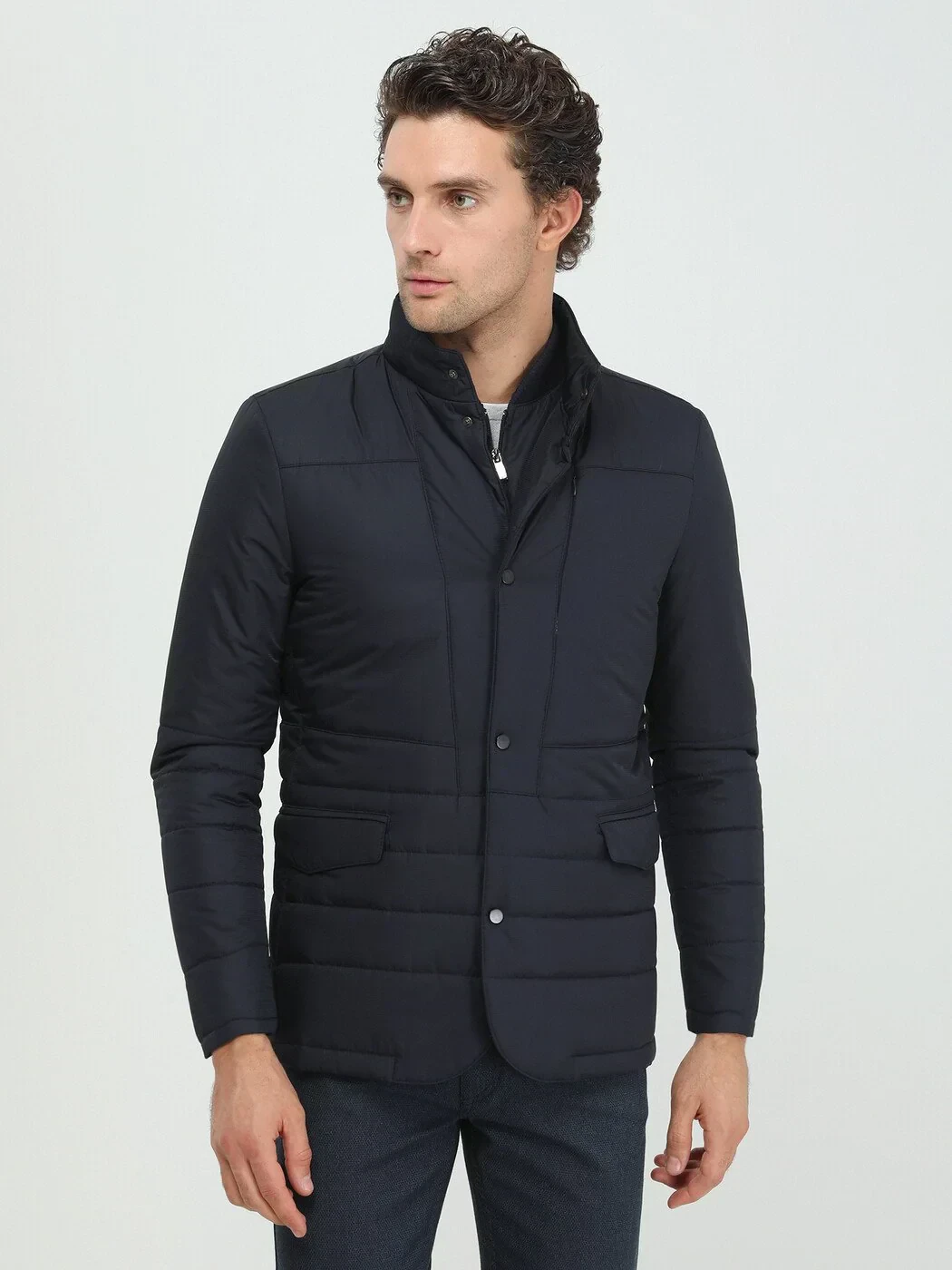 Siyah Regular Fit Dik Yaka Casual Dokuma Mont - 1