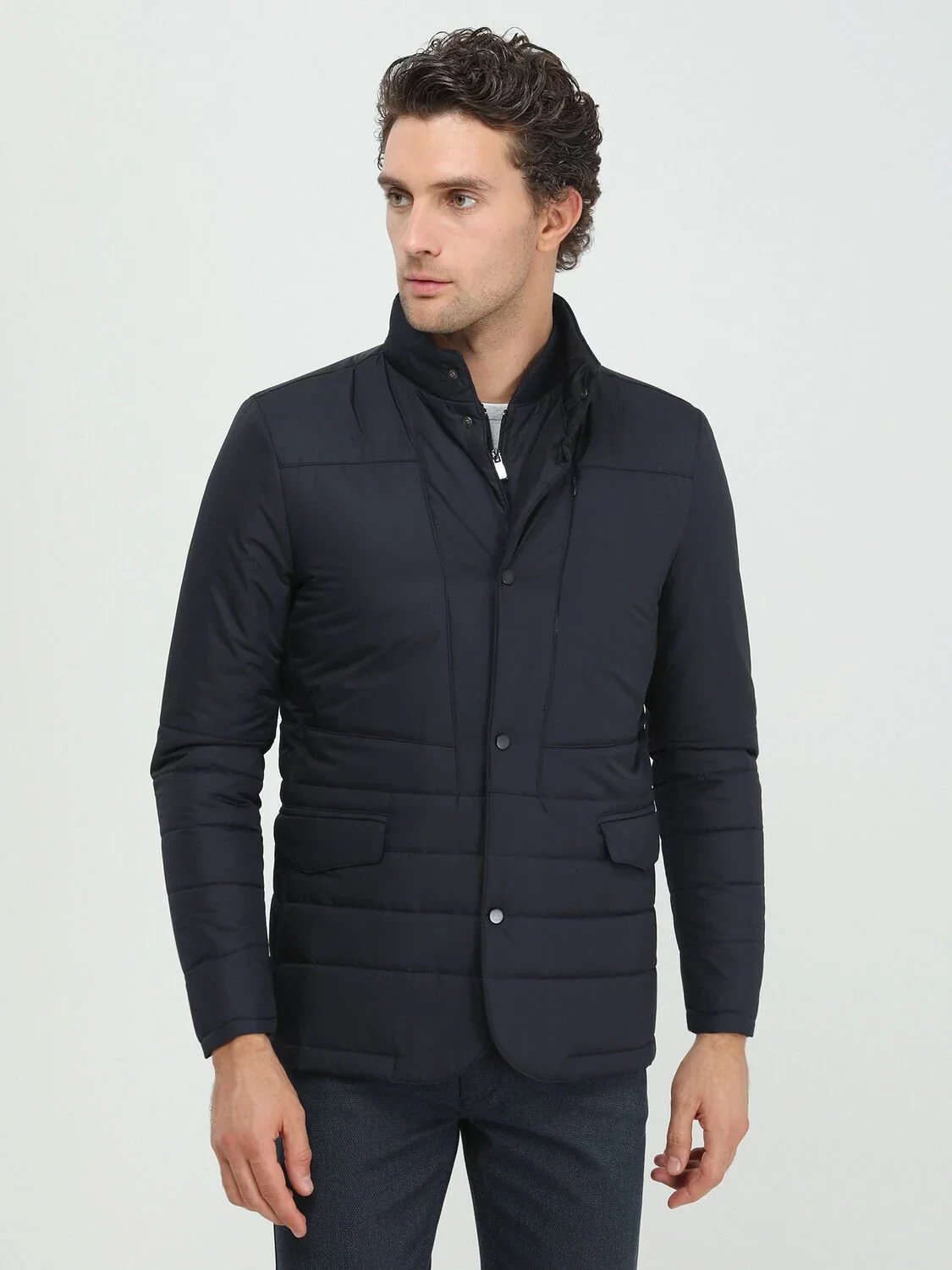 Siyah Regular Fit Dik Yaka Casual Dokuma Mont - 1