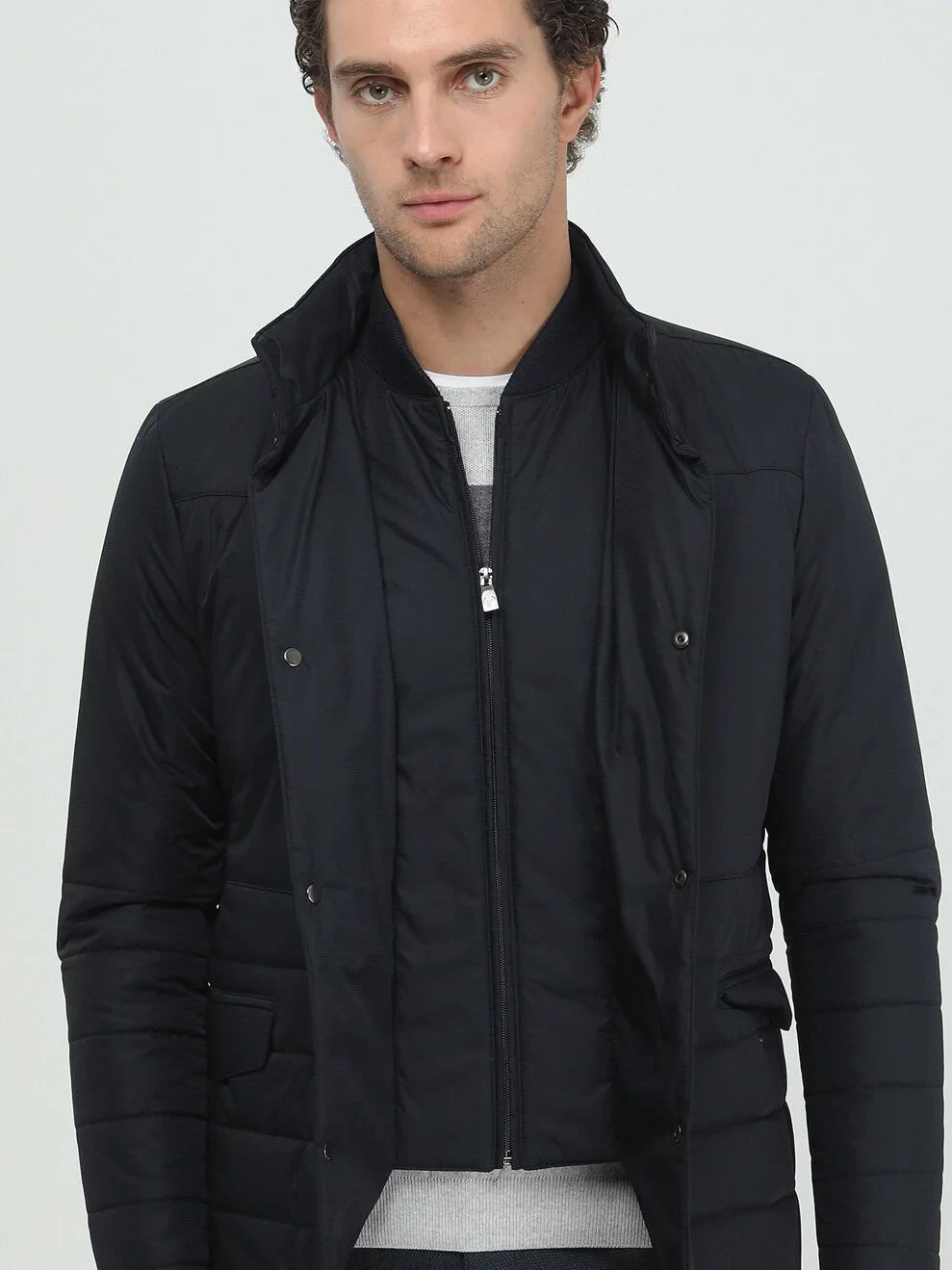 Siyah Regular Fit Dik Yaka Casual Dokuma Mont - 2
