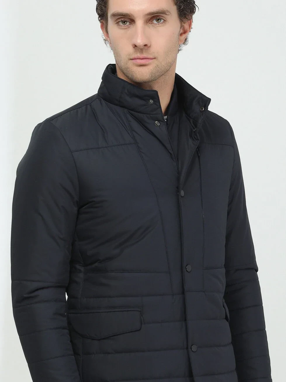 Siyah Regular Fit Dik Yaka Casual Dokuma Mont - 3