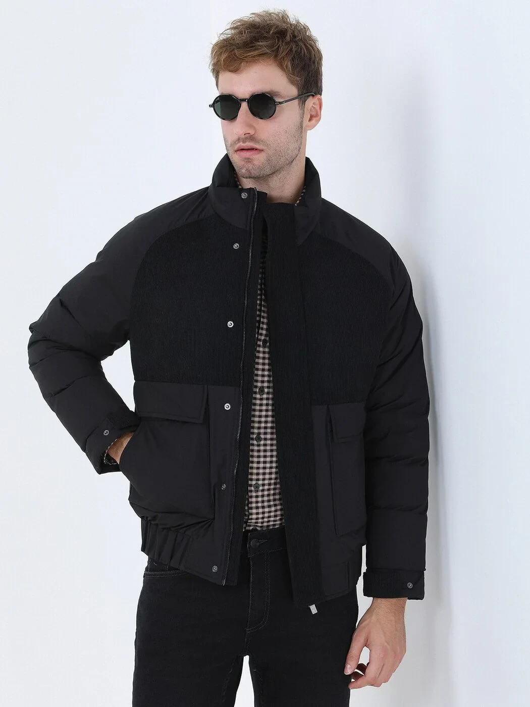Siyah Regular Fit Dik Yaka Casual Dokuma Mont - 1