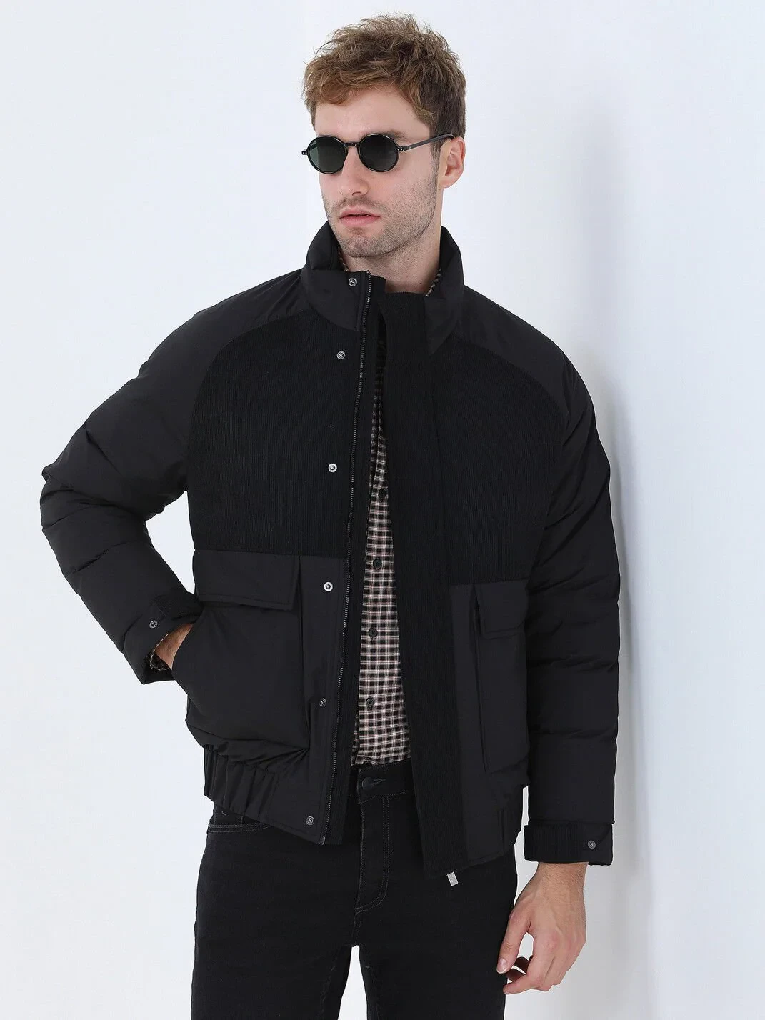 Siyah Regular Fit Dik Yaka Casual Dokuma Mont - 1