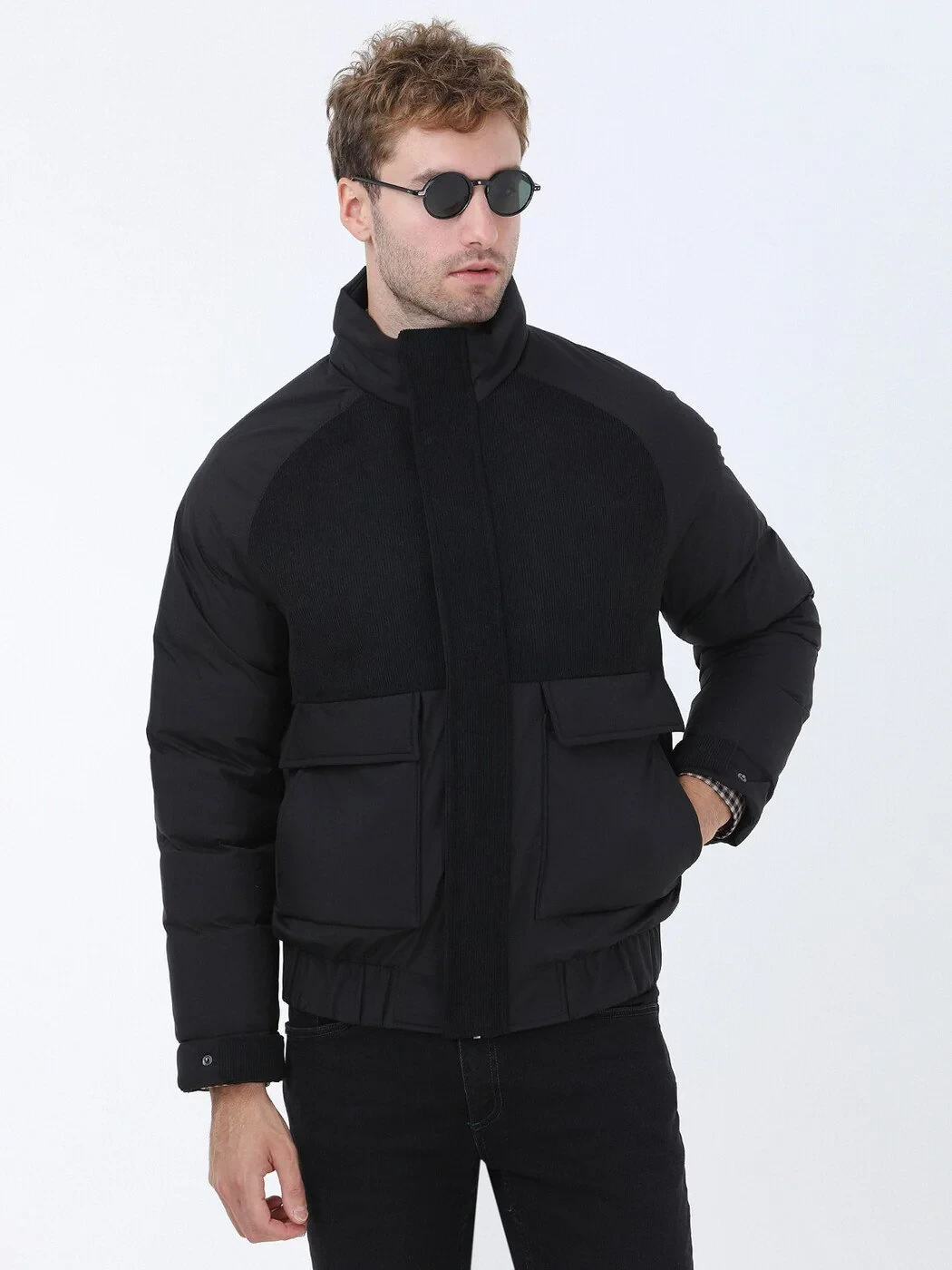 Siyah Regular Fit Dik Yaka Casual Dokuma Mont - 3