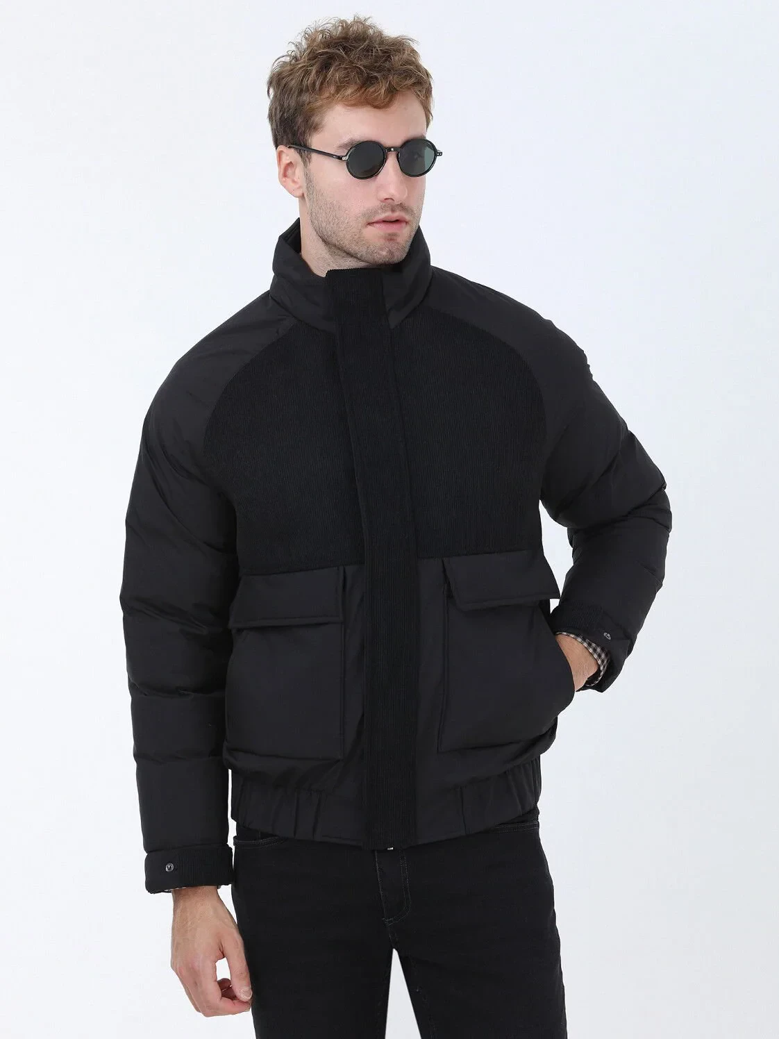 Siyah Regular Fit Dik Yaka Casual Dokuma Mont - 3