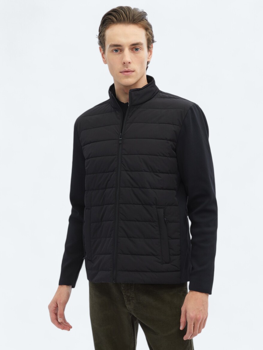 Siyah Regular Fit Dik Yaka Casual Dokuma Mont - 3