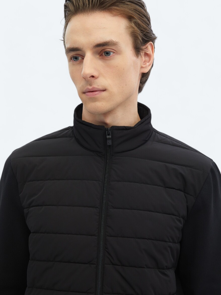 Siyah Regular Fit Dik Yaka Casual Dokuma Mont - 5