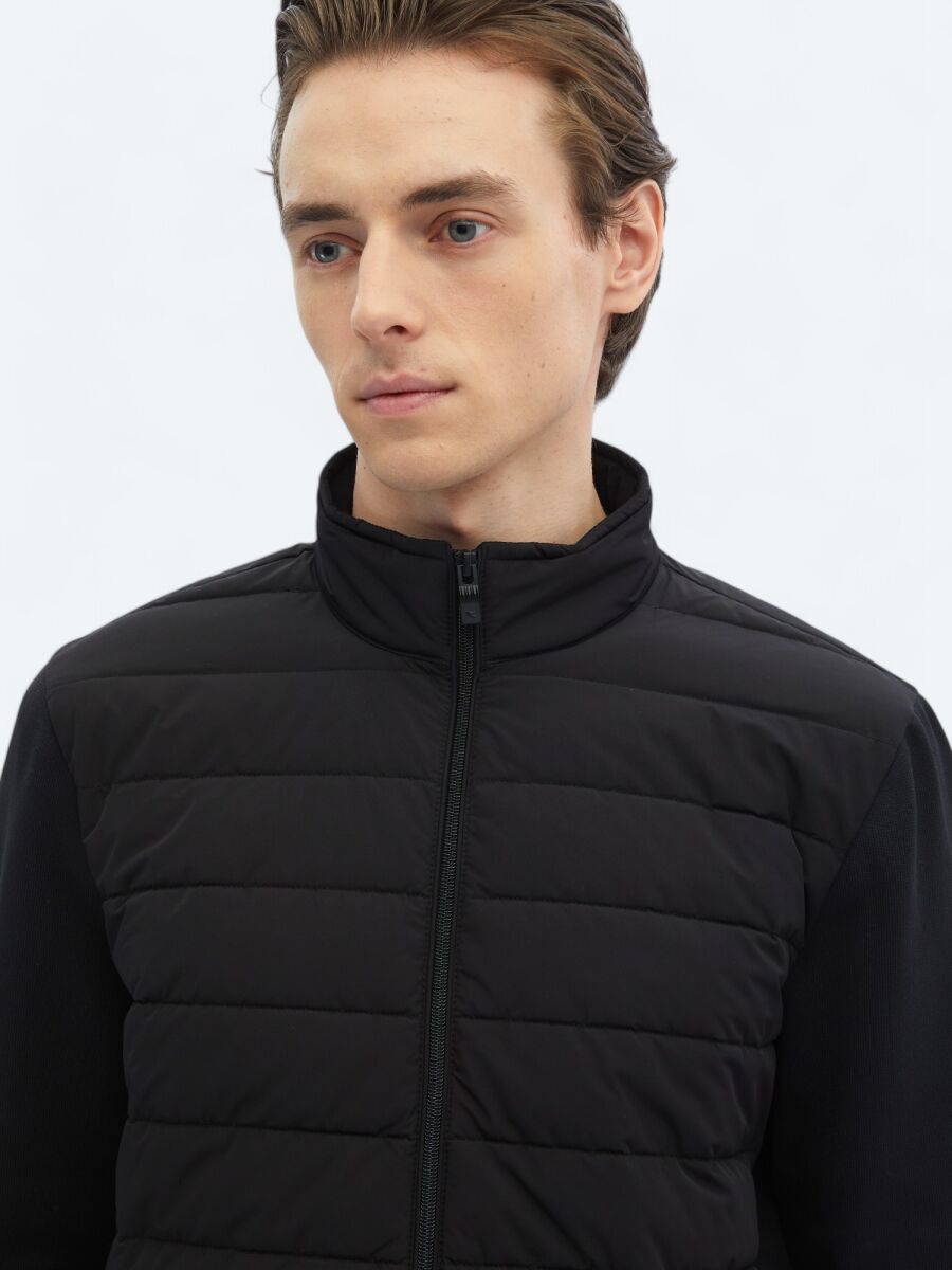 Siyah Regular Fit Dik Yaka Casual Dokuma Mont - 5