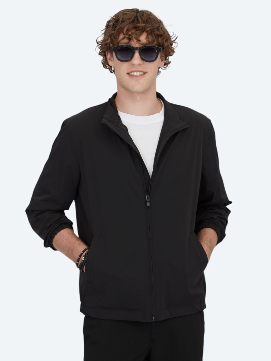 Siyah Regular Fit Dik Yaka Casual Dokuma Mont - 1