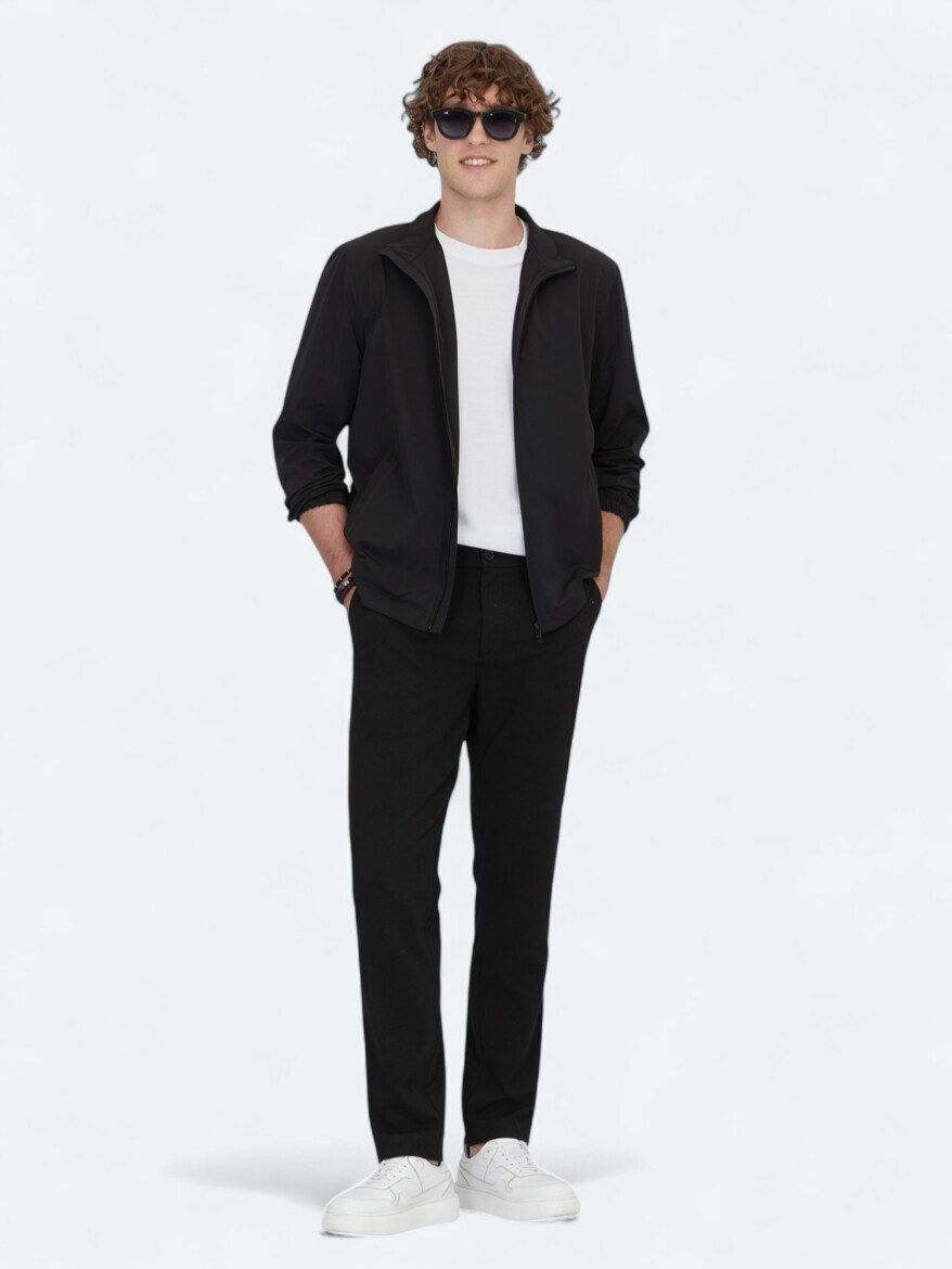 Siyah Regular Fit Dik Yaka Casual Dokuma Mont - KİP