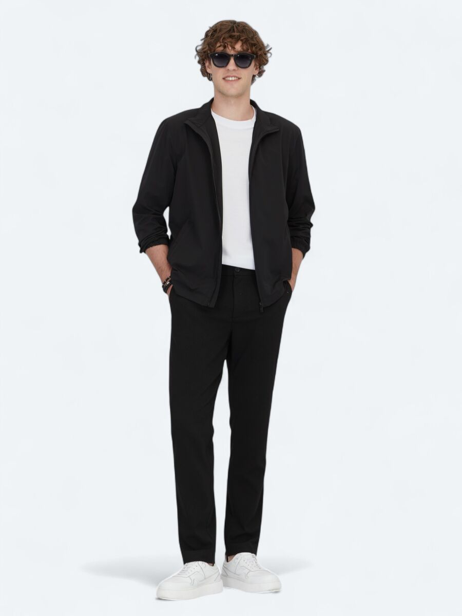 Siyah Regular Fit Dik Yaka Casual Dokuma Mont - 2