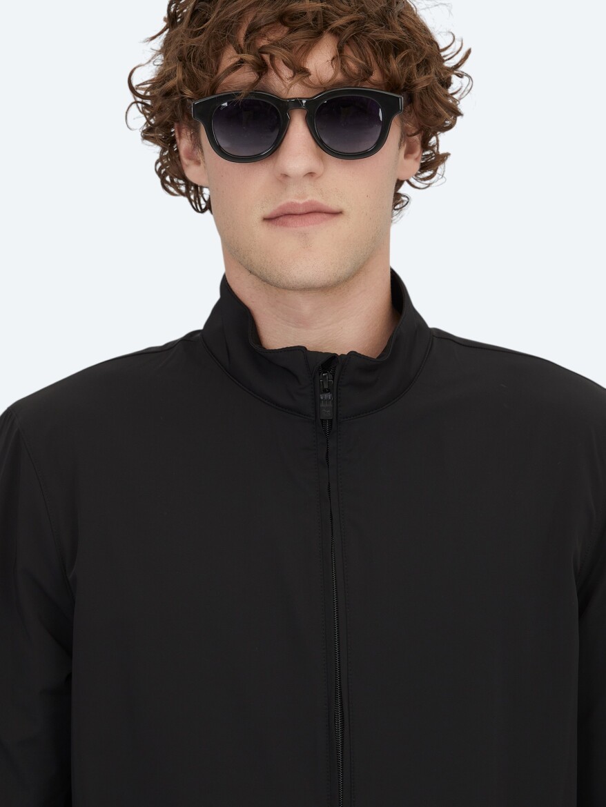 Siyah Regular Fit Dik Yaka Casual Dokuma Mont - 3