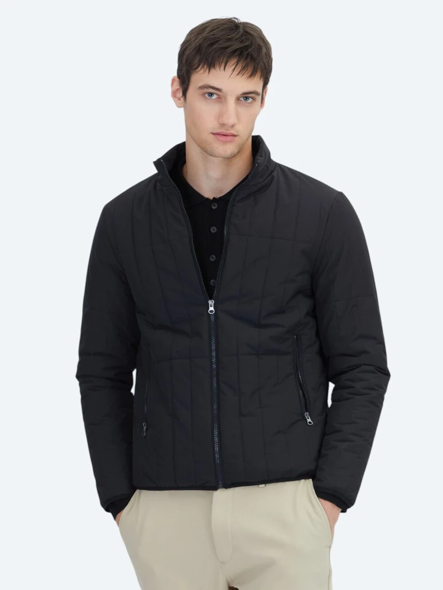 Siyah Regular Fit Dik Yaka Casual Dokuma Mont - 1