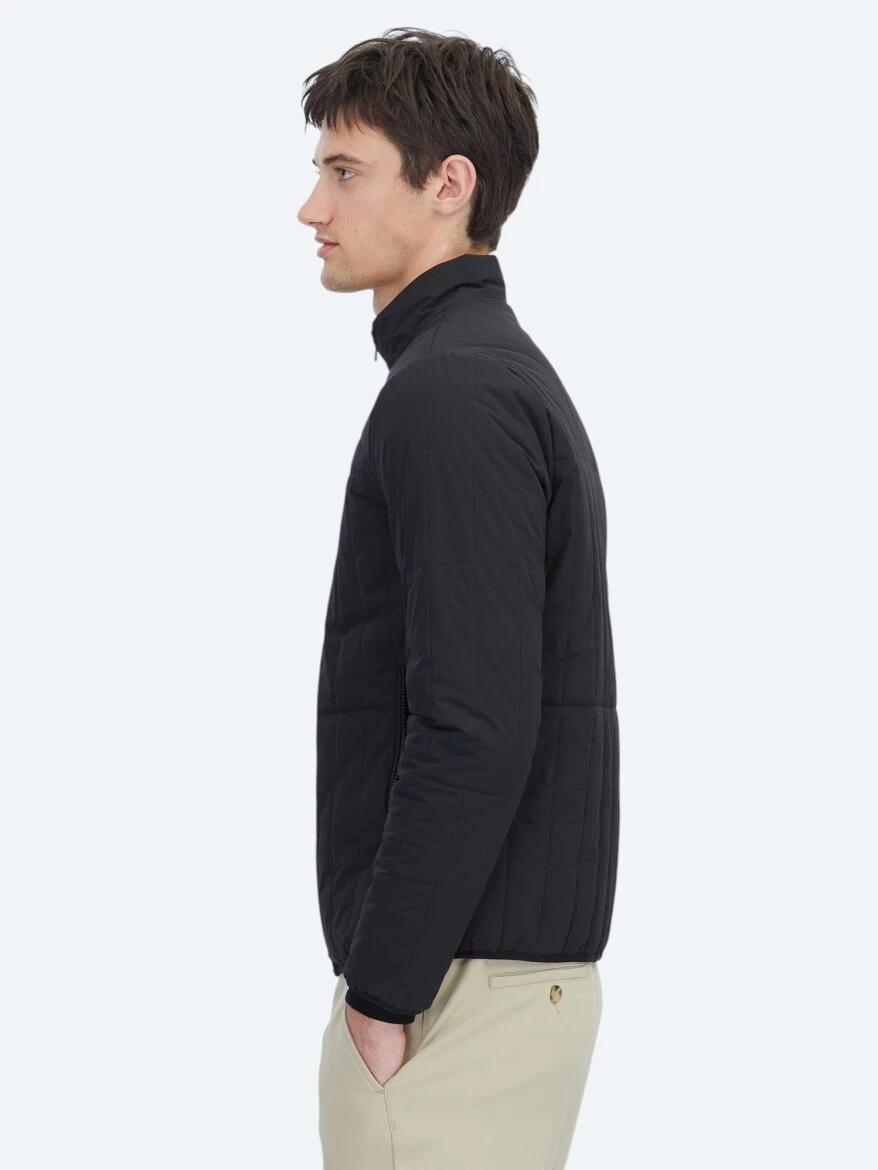 Siyah Regular Fit Dik Yaka Casual Dokuma Mont - 4