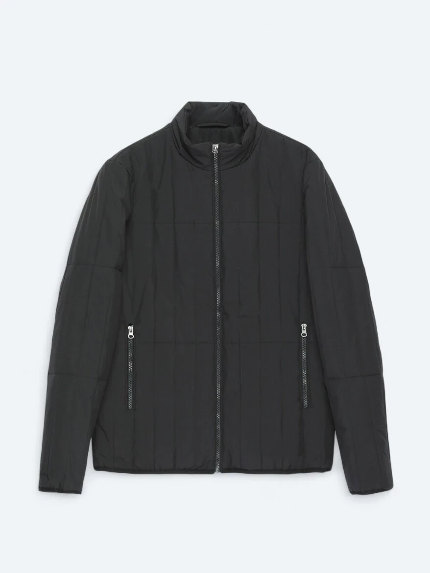 Siyah Regular Fit Dik Yaka Casual Dokuma Mont - 6