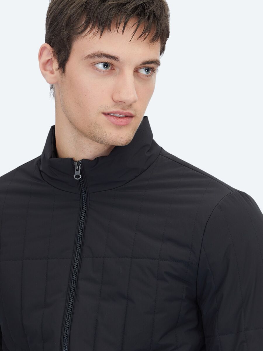 Siyah Regular Fit Dik Yaka Casual Dokuma Mont - 3