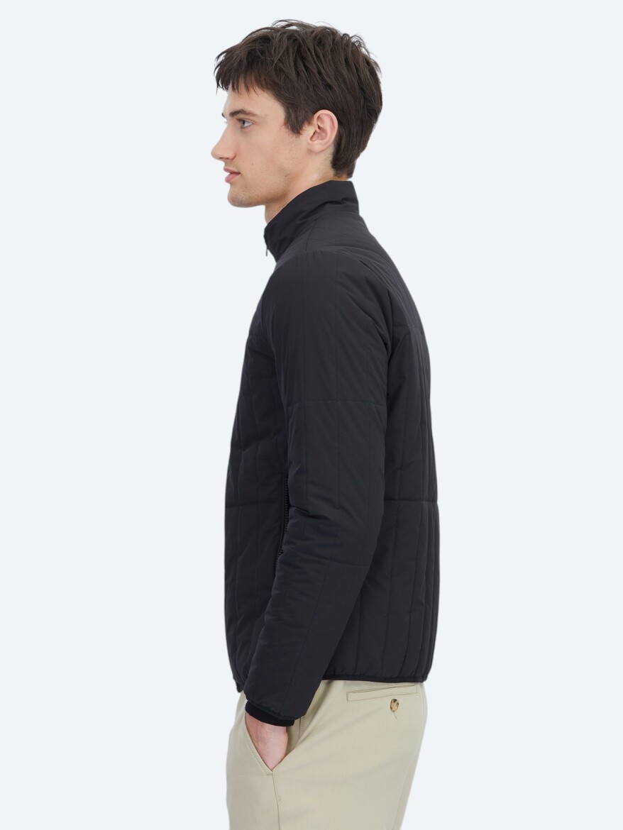 Siyah Regular Fit Dik Yaka Casual Dokuma Mont - 4