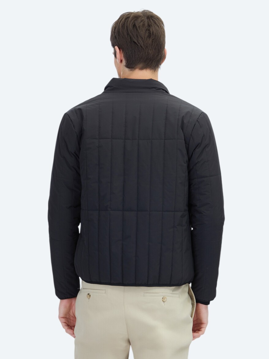 Siyah Regular Fit Dik Yaka Casual Dokuma Mont - 5