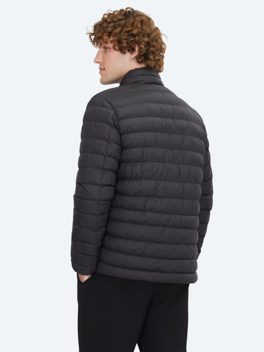 Siyah Regular Fit Dik Yaka Casual Dokuma Mont - 5