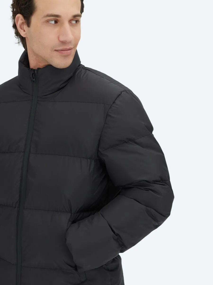 Siyah Regular Fit Dik Yaka Casual Dokuma Mont - 3