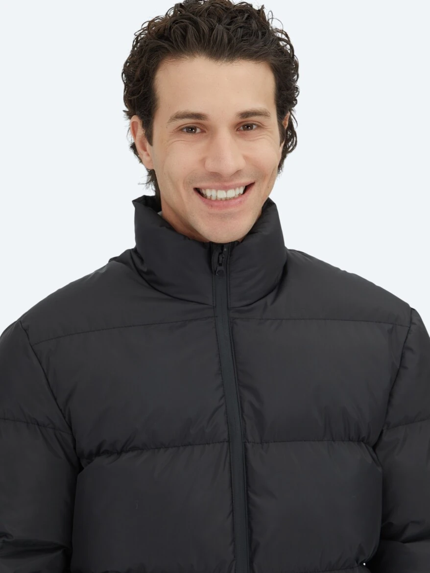 Siyah Regular Fit Dik Yaka Casual Dokuma Mont - 4