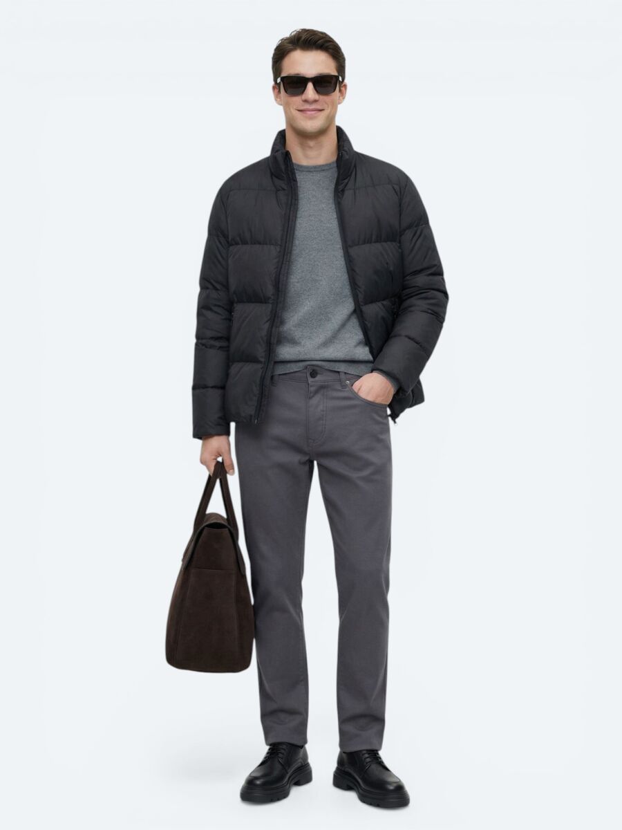 Siyah Regular Fit Dik Yaka Casual Dokuma Mont - 2