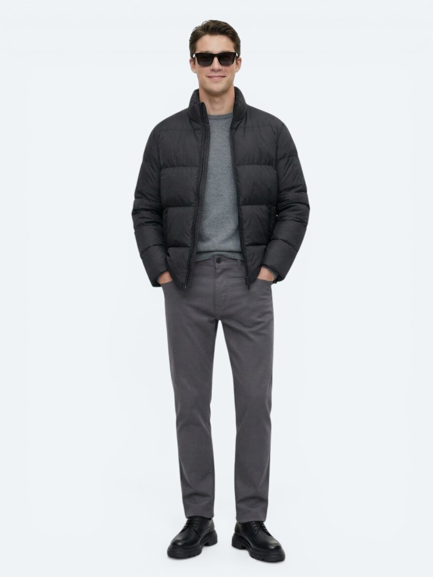 Siyah Regular Fit Dik Yaka Casual Dokuma Mont - 3