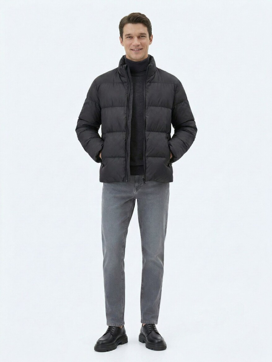 Siyah Regular Fit Dik Yaka Casual Dokuma Mont - KİP