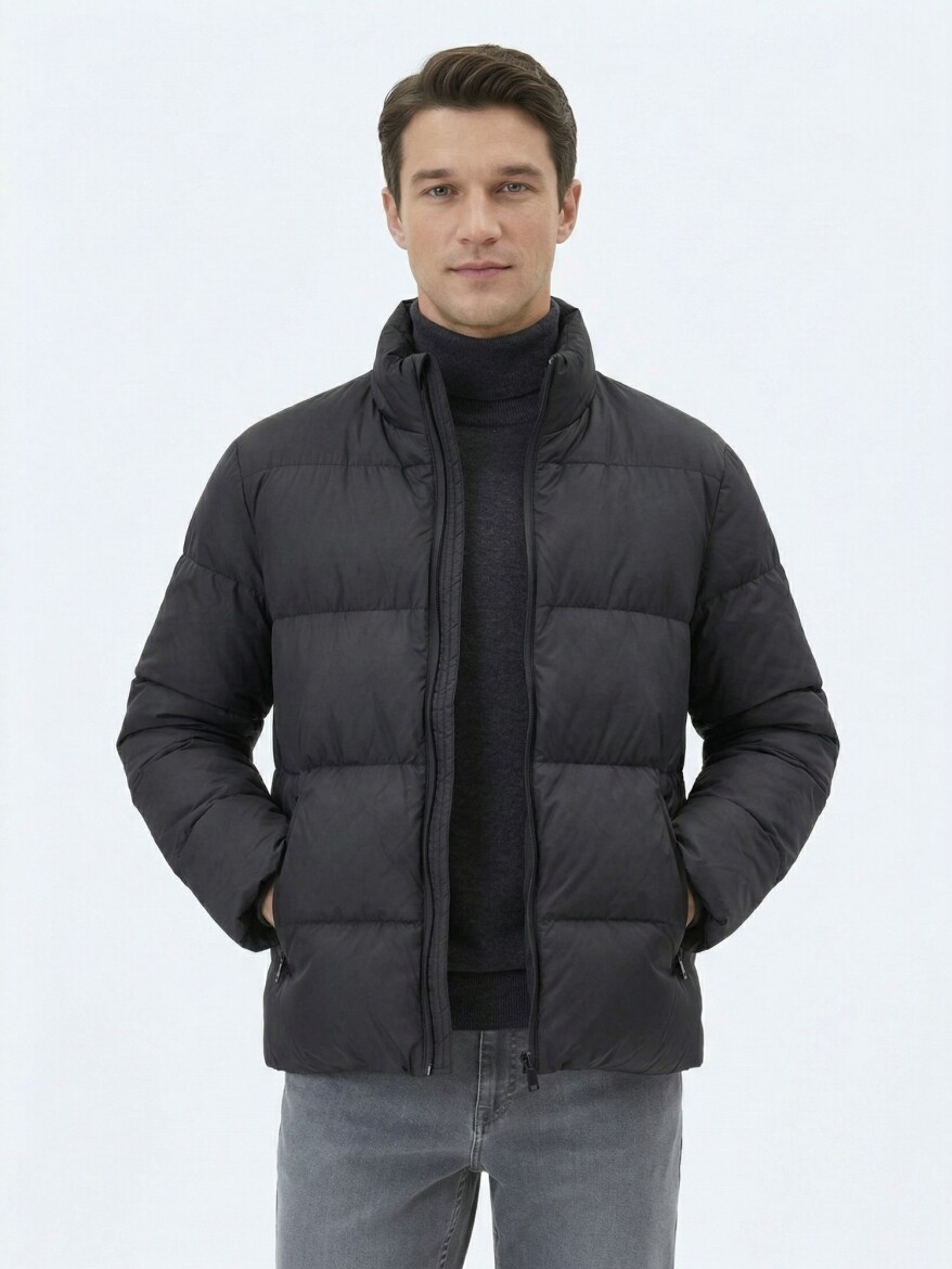 Siyah Regular Fit Dik Yaka Casual Dokuma Mont - KİP