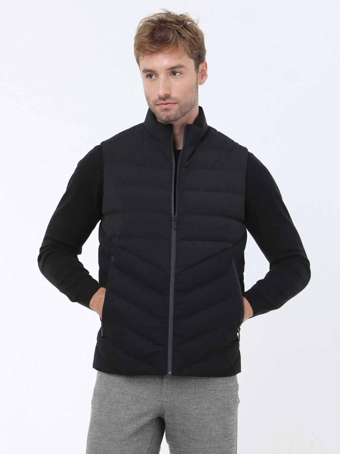 Siyah Regular Fit Dik Yaka Casual Dokuma Spor Yelek - 1