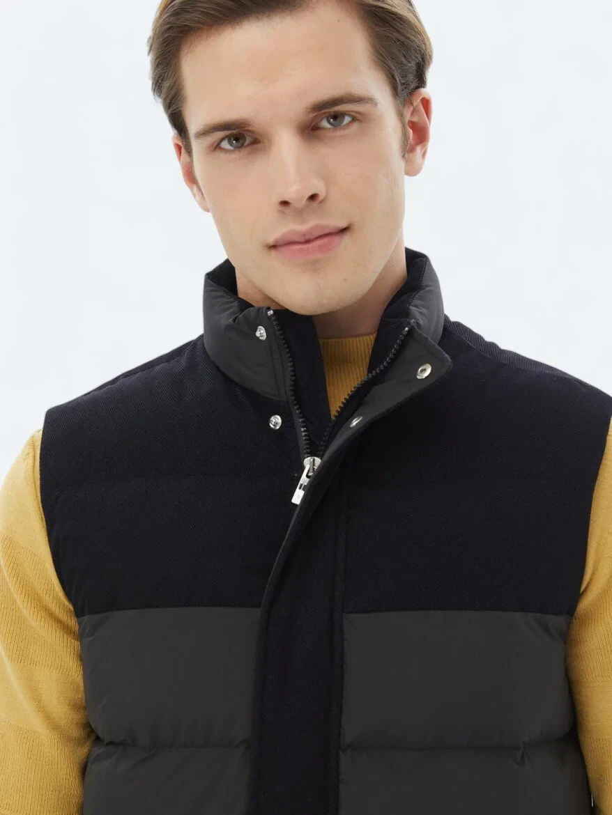Siyah Regular Fit Dik Yaka Casual Dokuma Spor Yelek - 3