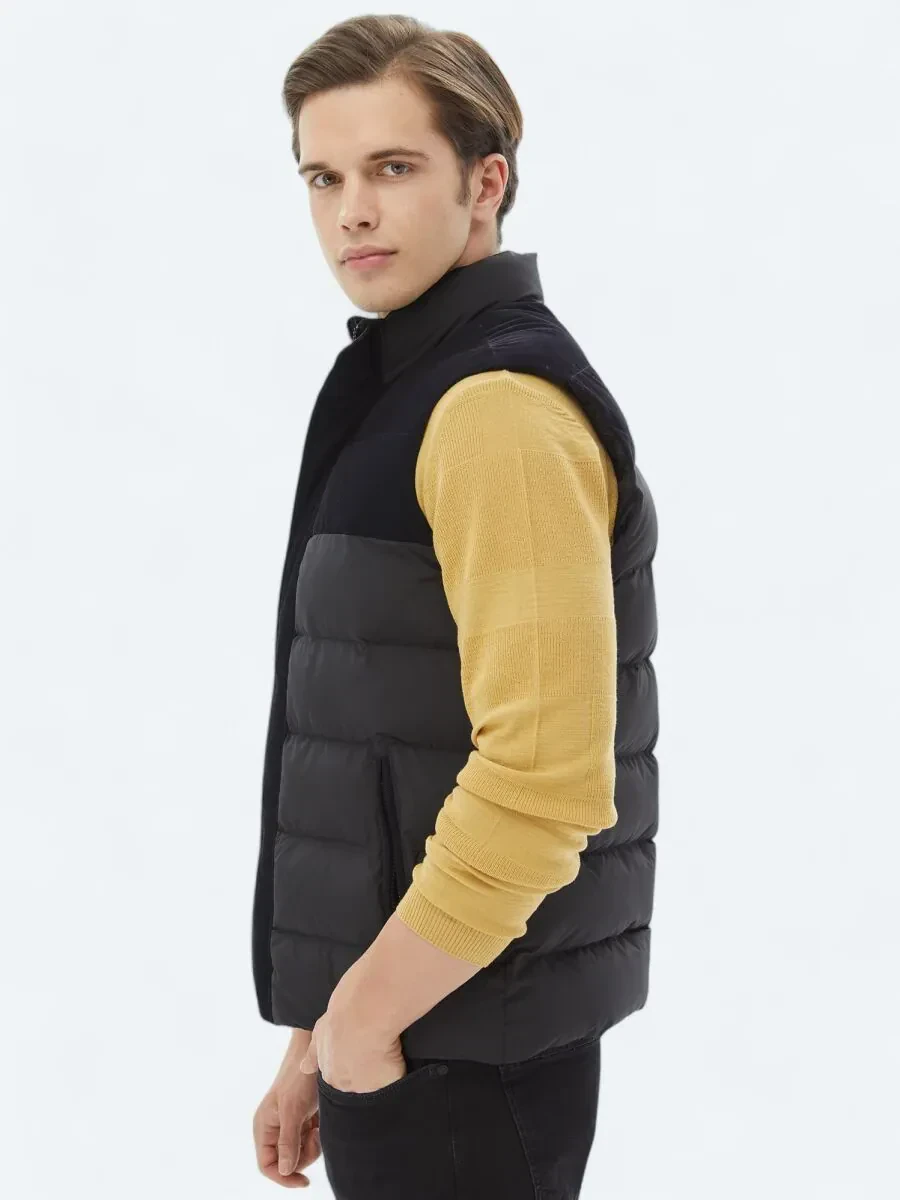 Siyah Regular Fit Dik Yaka Casual Dokuma Spor Yelek - 4