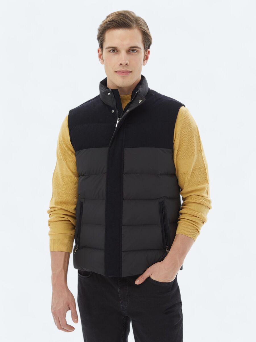 Siyah Regular Fit Dik Yaka Casual Dokuma Spor Yelek - 1