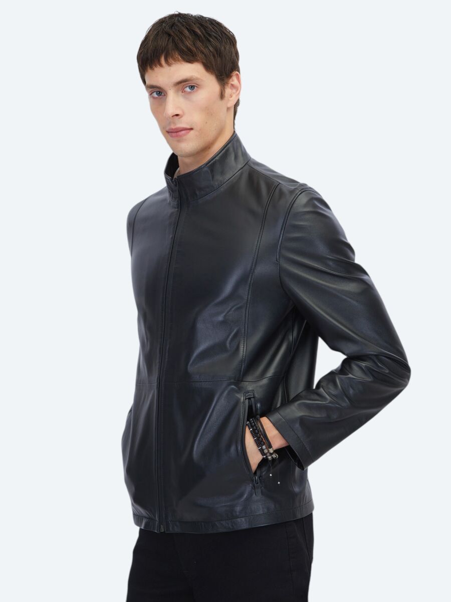 Siyah Regular Fit Dik Yaka Casual Koyun Derisi Deri Mont - 3