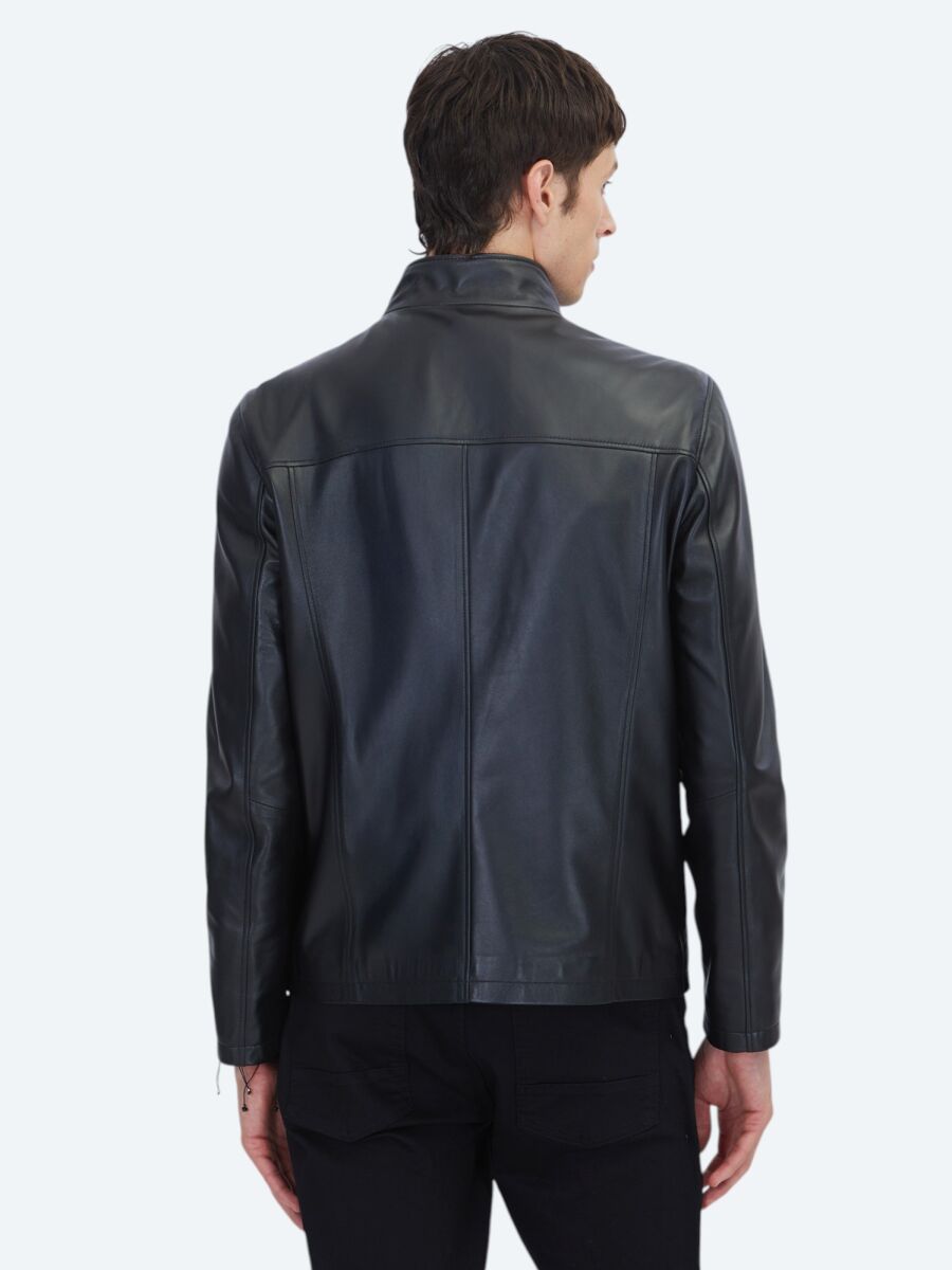 Siyah Regular Fit Dik Yaka Casual Koyun Derisi Deri Mont - 6