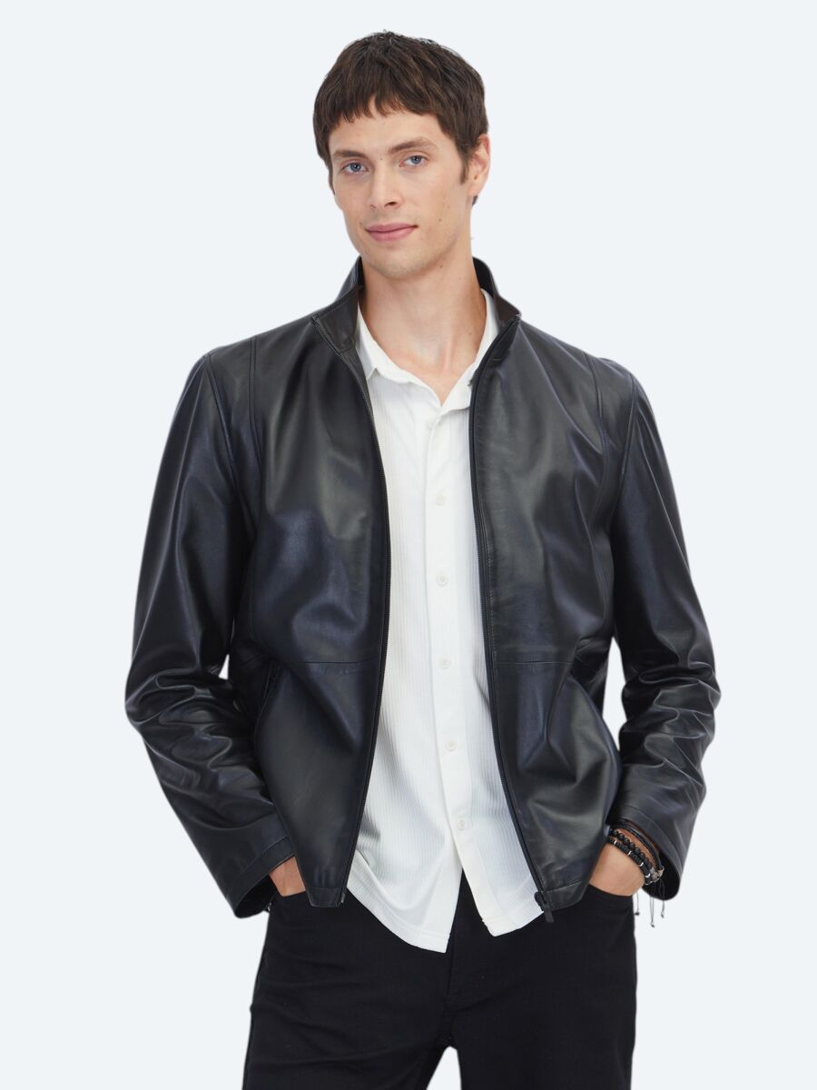 Siyah Regular Fit Dik Yaka Casual Koyun Derisi Deri Mont - 1