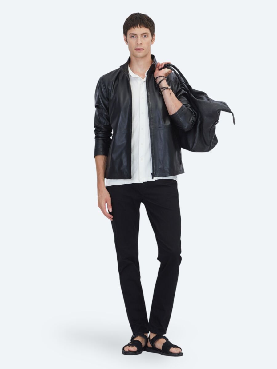 Siyah Regular Fit Dik Yaka Casual Koyun Derisi Deri Mont - 2