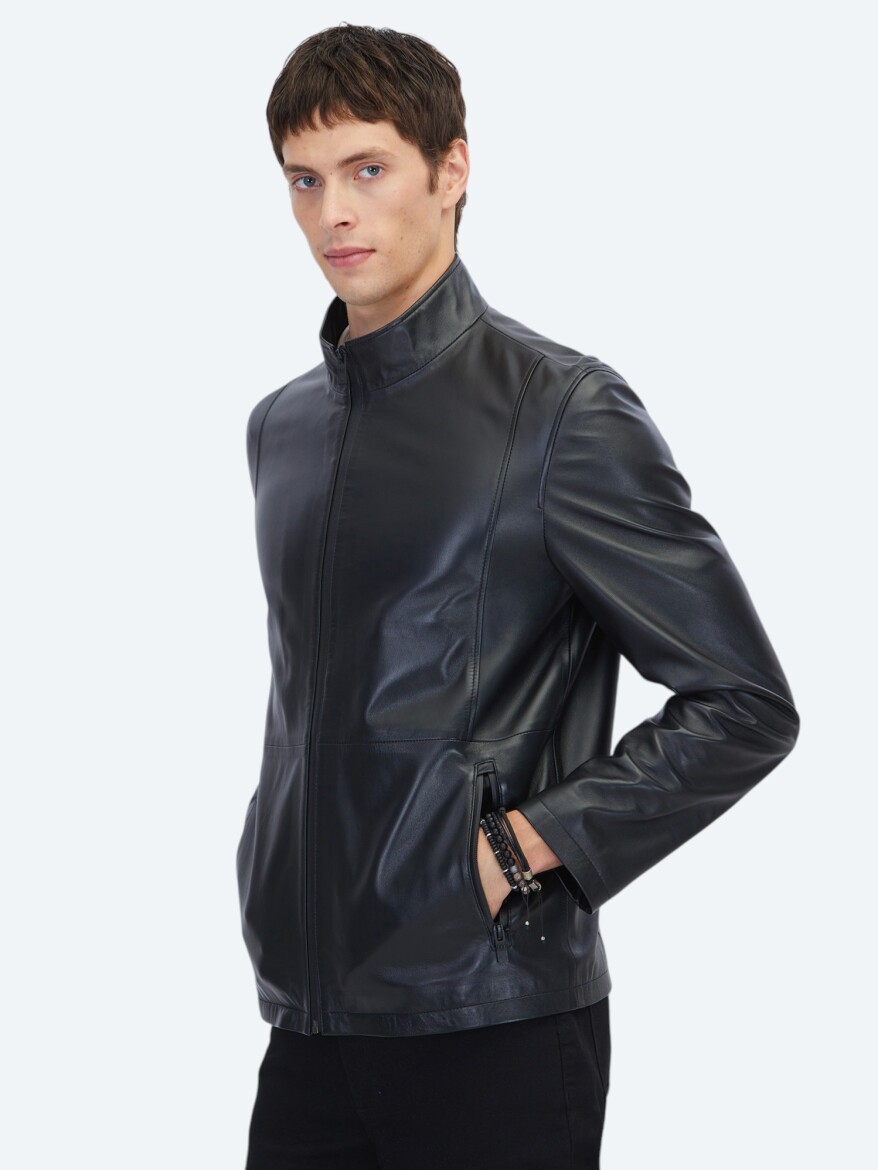 Siyah Regular Fit Dik Yaka Casual Koyun Derisi Deri Mont - 3