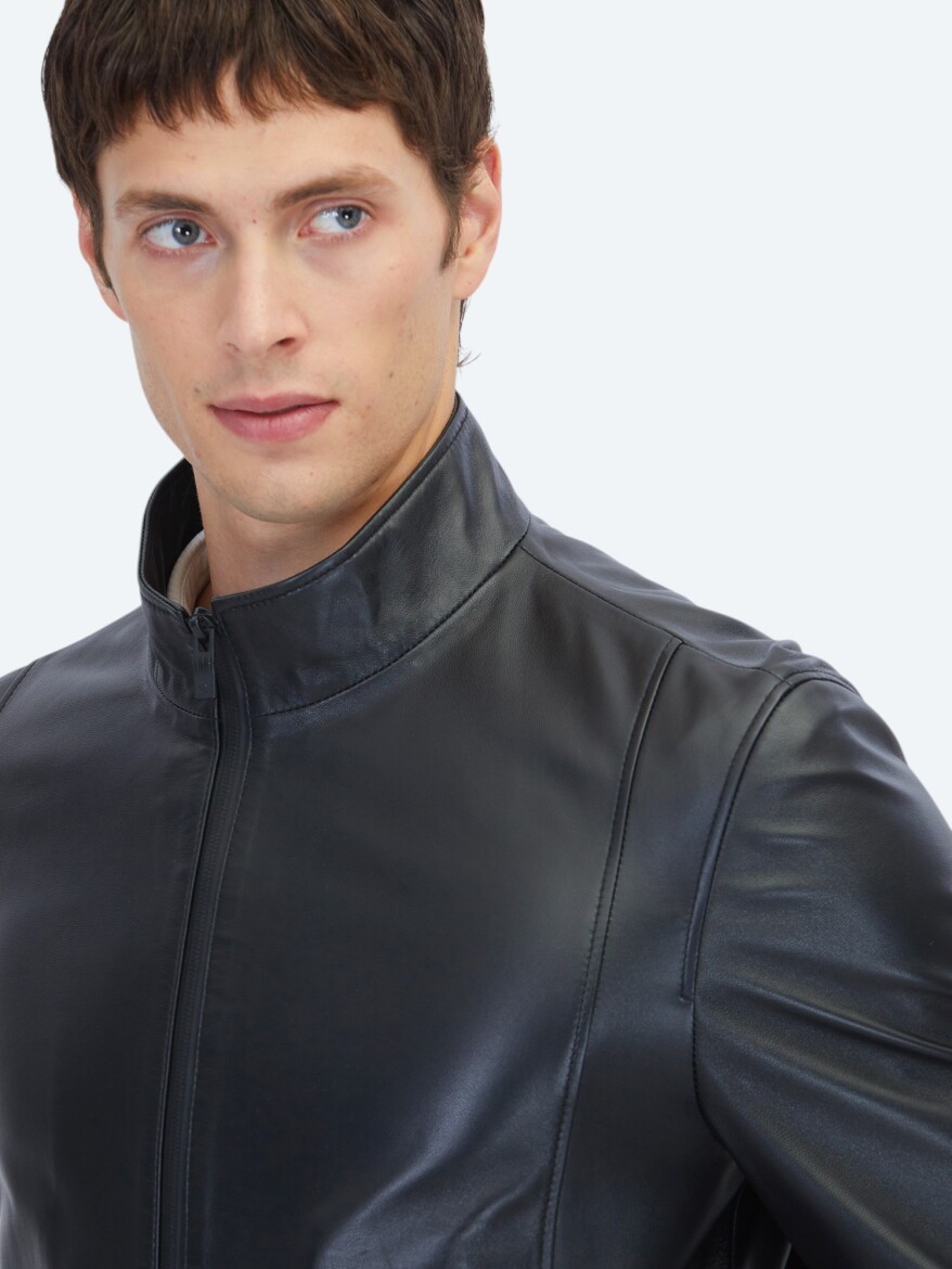 Siyah Regular Fit Dik Yaka Casual Koyun Derisi Deri Mont - 4