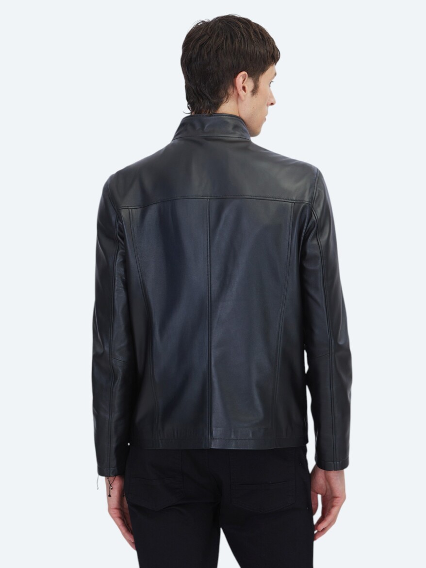 Siyah Regular Fit Dik Yaka Casual Koyun Derisi Deri Mont - 6