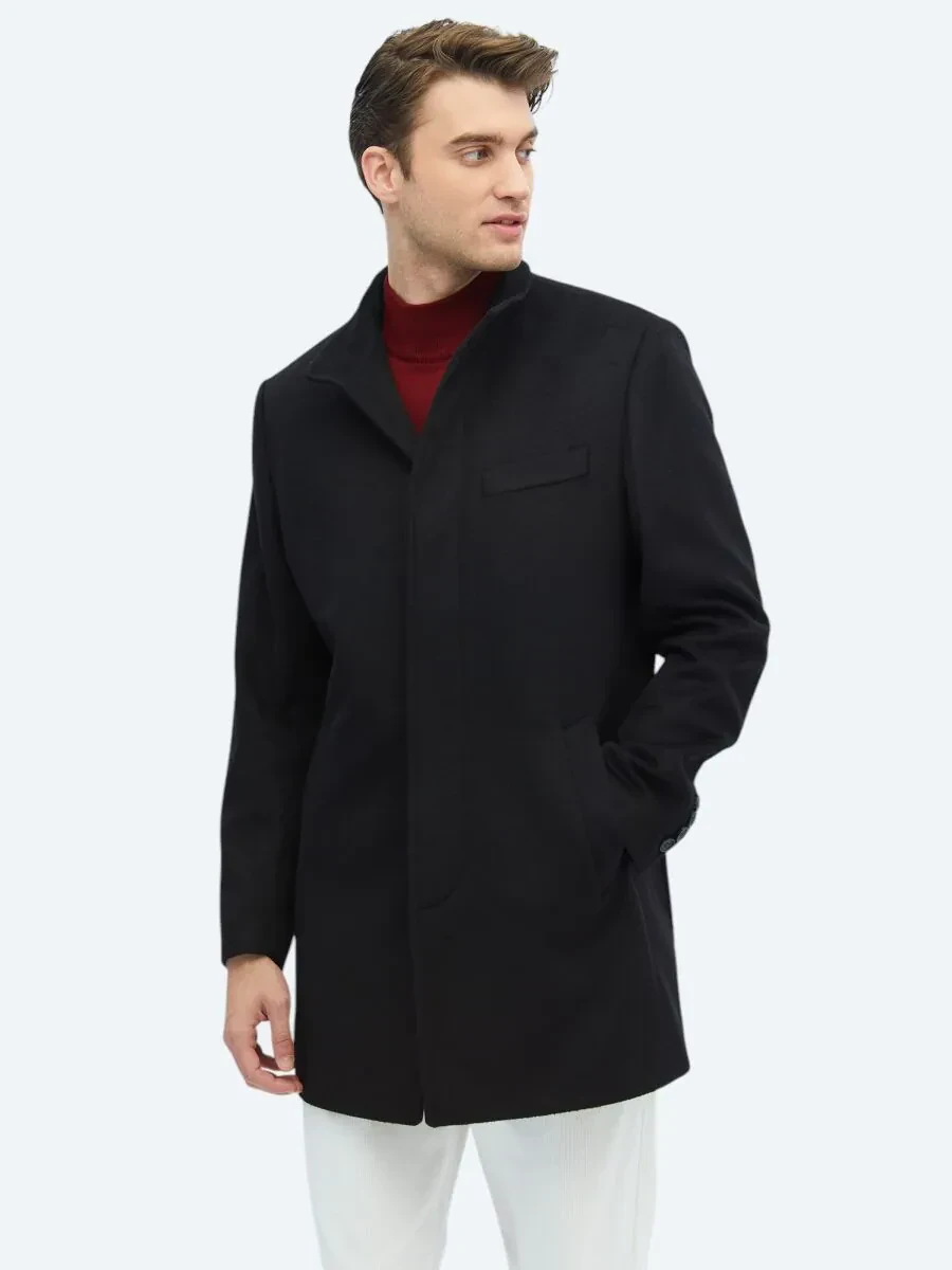 Siyah Regular Fit Dik Yaka Klasik Dokuma Palto - 1
