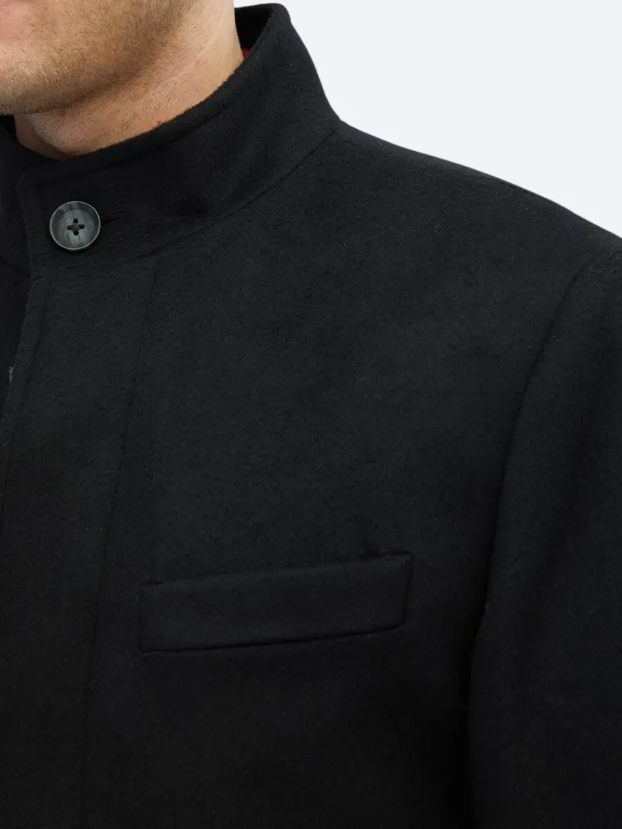 Siyah Regular Fit Dik Yaka Klasik Dokuma Palto - 6