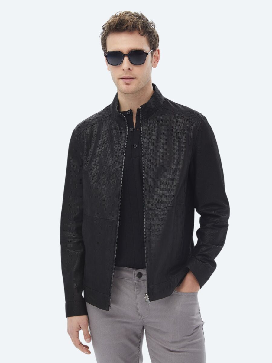 Siyah Regular Fit Dik Yaka Smart Casual Çift Taraflı Deri Mont - 1