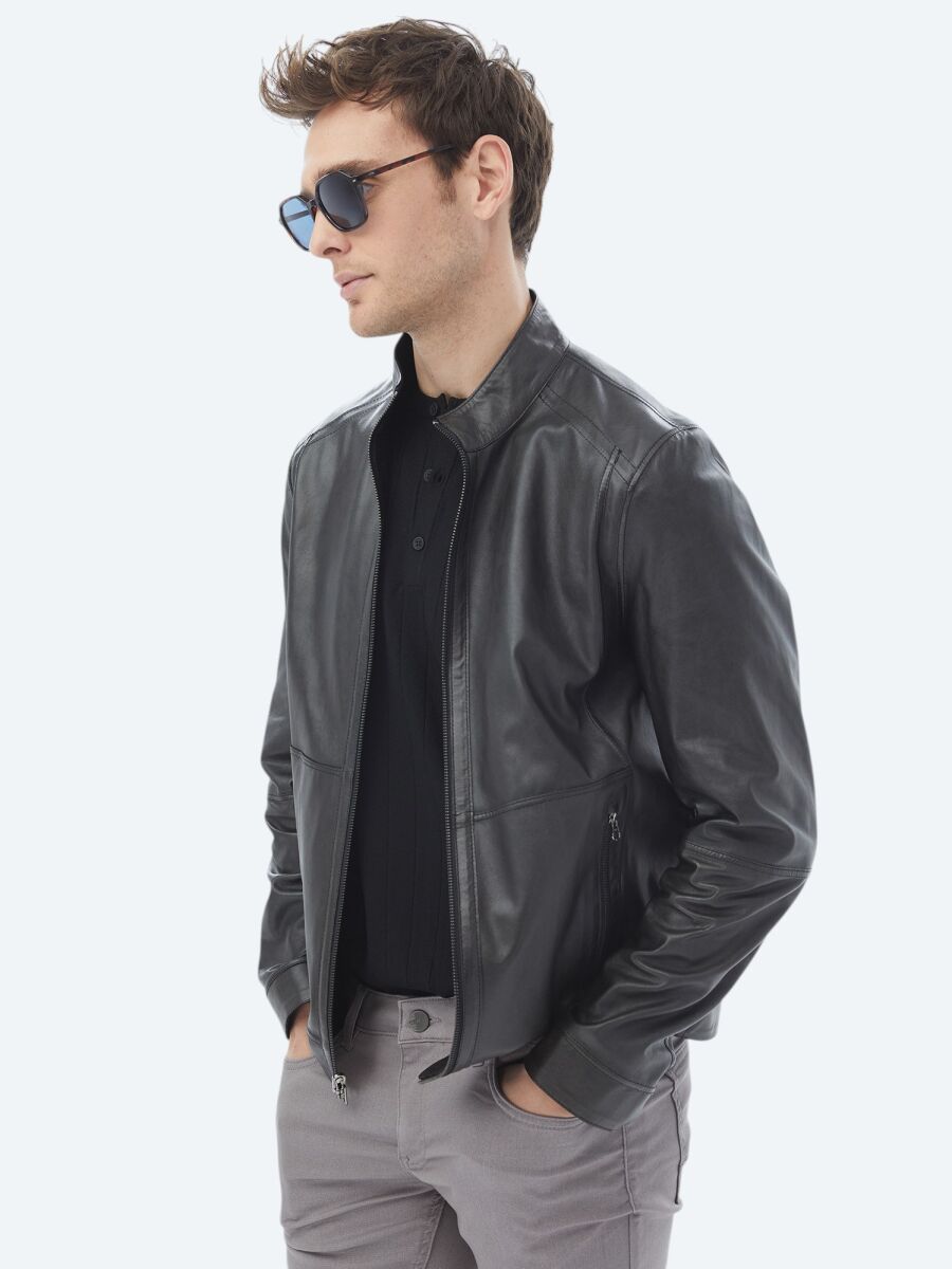 Siyah Regular Fit Dik Yaka Smart Casual Çift Taraflı Deri Mont - 2
